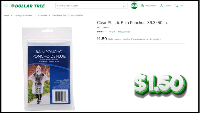 Dollar Tree website showing Ponchos for a $1.50