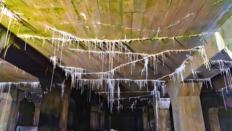 Stalactites hanging from the damp, mossy concrete ceiling of the Lincoln Memorial Undercroft in Washington DC.