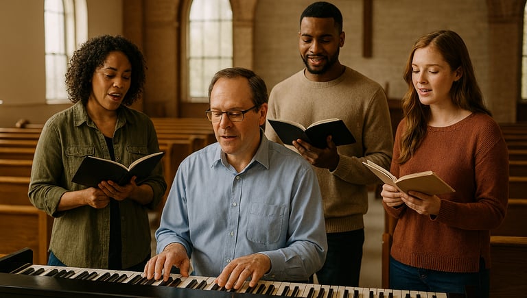 A diverse church choir singing from hymnals while a man plays the piano in a chapel.