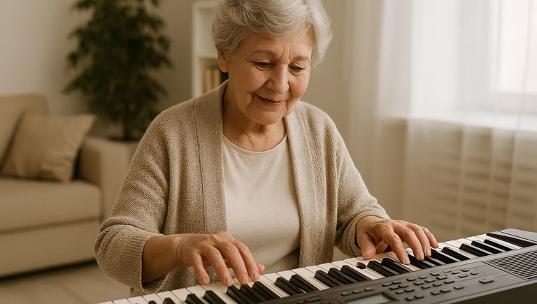 Smiling senior woman playing a digital piano keyboard at home for music therapy and leisure.