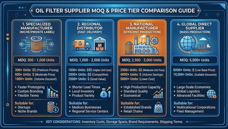 MOQ comparison chart showing oil filter minimum order quantities from 300 to 5000 units with pricing tiers