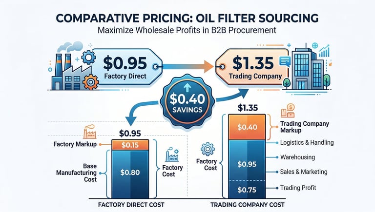 Factory direct vs trading company oil filter price comparison showing $0.40-$0.80 per unit savings