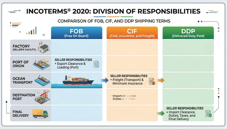 Incoterms responsibility division chart comparing FOB, CIF, and DDP shipping terms for oil filter imports