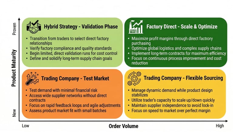 Matrix showing optimal sourcing strategy based on order volume and product maturity