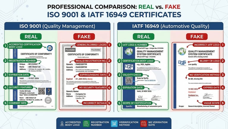 Side-by-side comparison of authentic versus counterfeit ISO 9001 and IATF 16949 certificates highlighting verification points