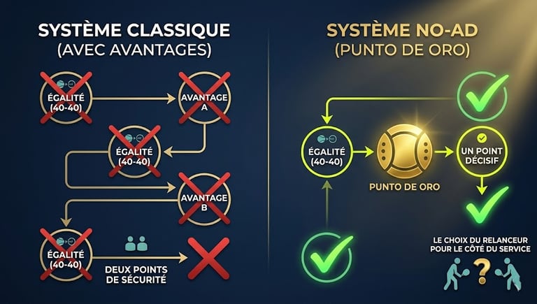 Comparatif score padel à 40-40 : système classique avec avantages vs Punto de Oro.