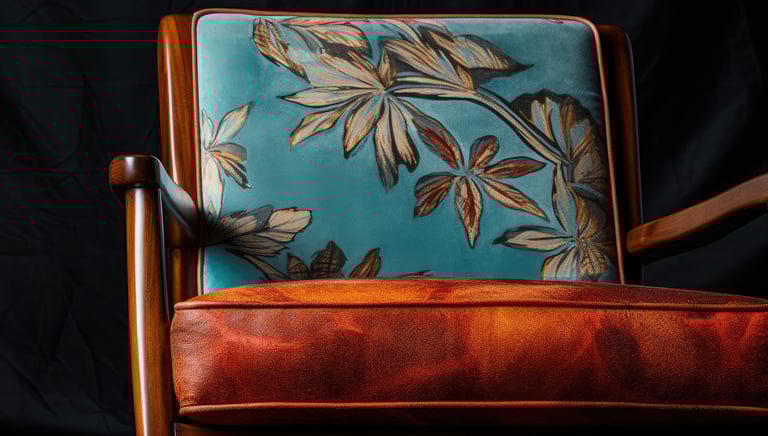 Un fauteuil en bois exotique couvert de deux cousin à motifs floraux bleu et marron