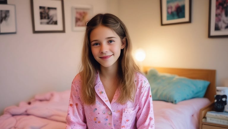 A cozy bedroom scene with a young woman wearing stylish pajamas, smiling while holding a delivery box.