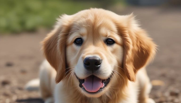 A playful golden retriever puppy sitting on grass with a bright expression.