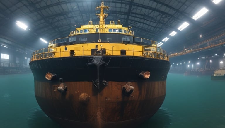 Technicians performing urgent repairs on a ship’s hull at night.