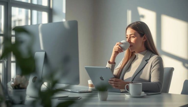 A woman drinking coffee in front of these two computers