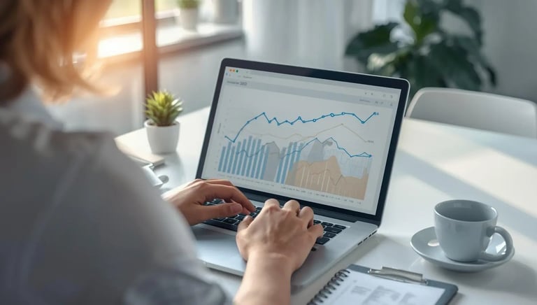A woman analyzing SEO performance on a MacBook computer