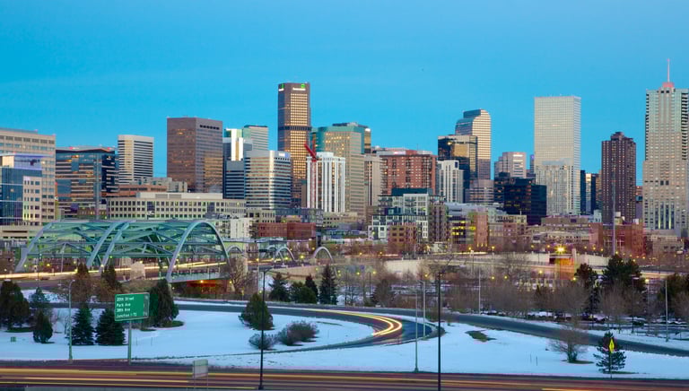 Downtown Denver skyline during winter, showcasing SparkEaseCleaning service area