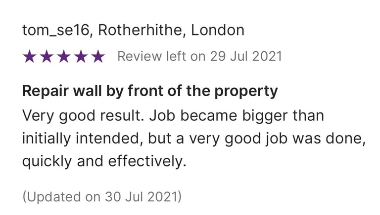 Positive customer review for wall repair services in Rotherhithe, London with a five-star rating.