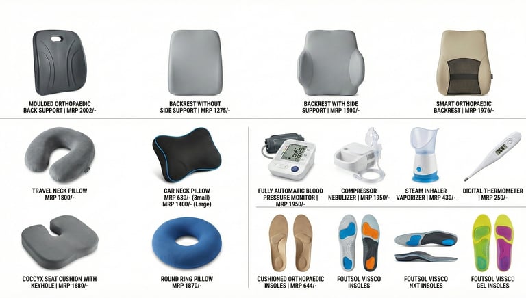 "collection of ergonomic office accessories, travel comfort items and medical health devices "