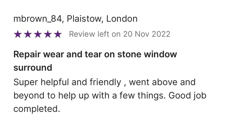Customer review for a stone window surround repair service in Plaistow, London with a five-star rating.