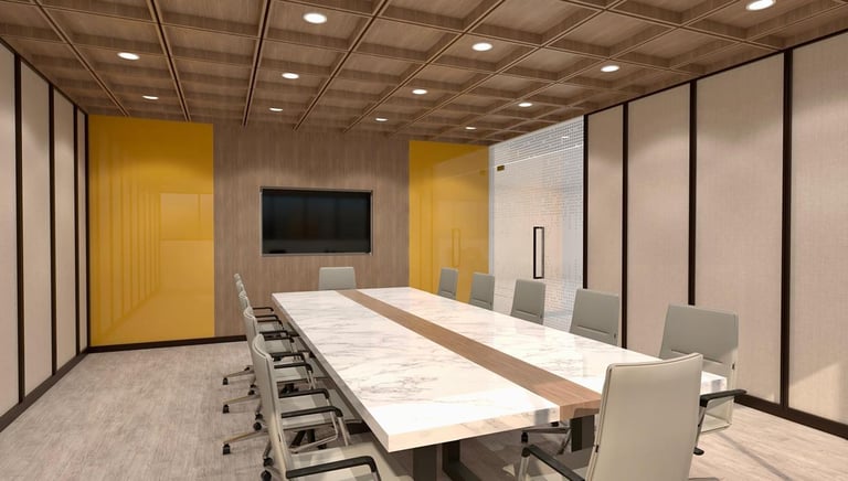 3D-rendered modern conference room with a marble-top table & chairs, wooden ceiling -by SketchyCAD