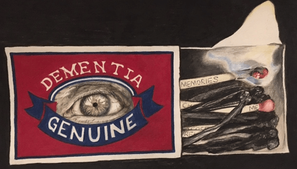 Box of matches with "Dementia Genuine" logo on box. "Memory match burning, other matches are spent.