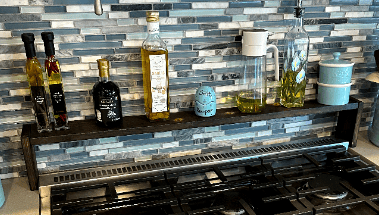 handmade burned wood kitchen shelves