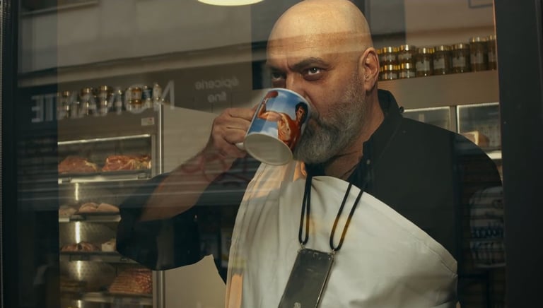 un homme en tenue de boucher tient un mug sur lequel on peut voir Sylvester Stallone en Rocky