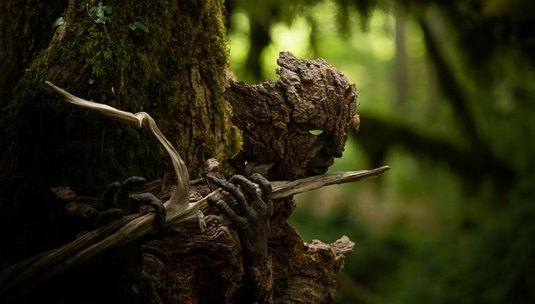 Masque d’écorce jouant de la flûte photographié en forêt, œuvre de Samuel Chazot