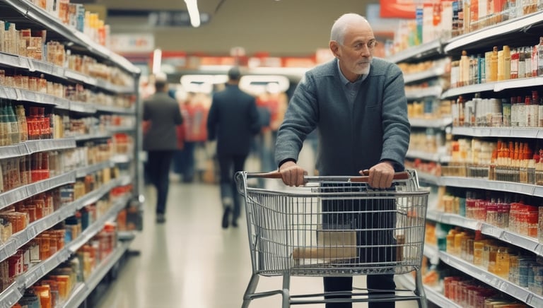 Hombre mayor haciendo la compra en el super mercado de forma autónoma.