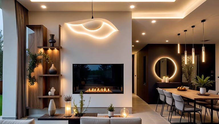 a living room with a fireplace and a dining room  | Nour Nagy Designs