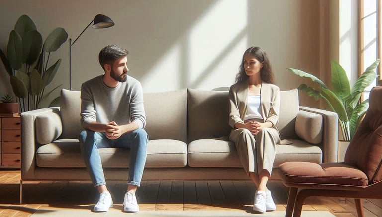 Ein paar sitzt auf einer Couch in einem Therapieraum