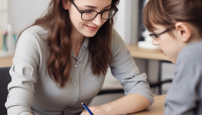 A psychology tutor explaining concepts to a focused student in a cozy study room.