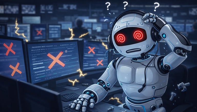 A confused or “overloaded” robot at a desk, screens open, signals crossed.