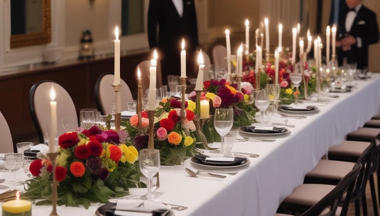 Dinner party table with fresh flowers, linens, china and silverware, glasses and candles