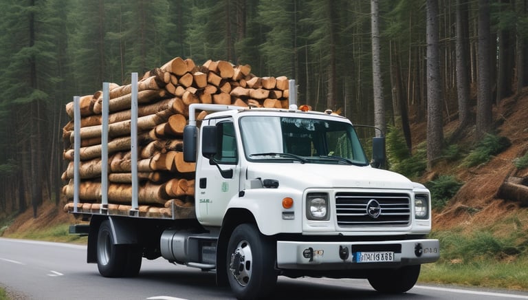Un camion blanc avec un logo vert qui transporte des bois de chauffage su