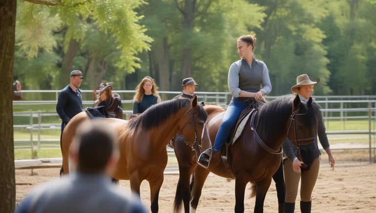 A peaceful scene with a paved path leading through a lush, green forested area. There are white fences lining a pasture where horses are grazing. Tall trees with dense foliage surround the area, creating a serene and natural environment.