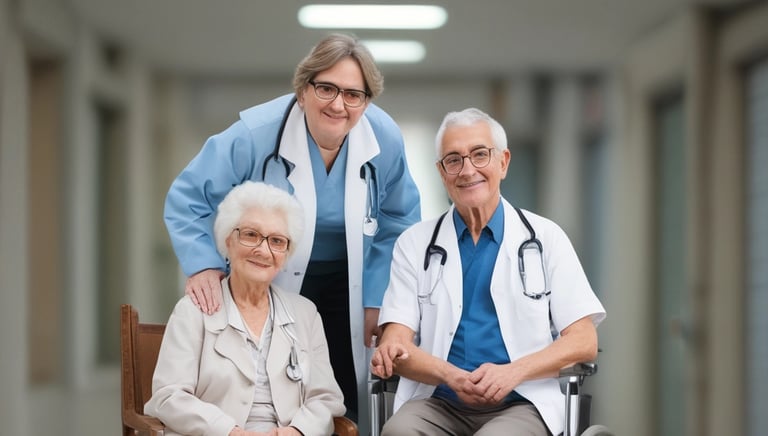 Cozy shared living room with elderly residents chatting and smiling together.