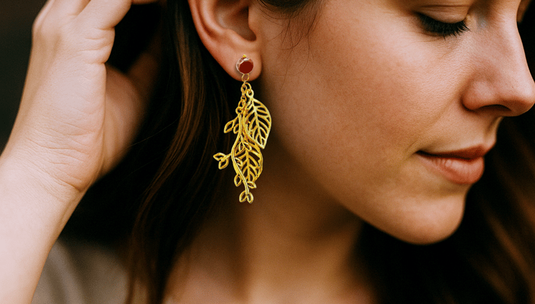 a woman wearing a gold leaf earrings that have plastic posts for sensitive