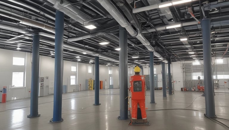 two men in safety vests standing in front of a building
