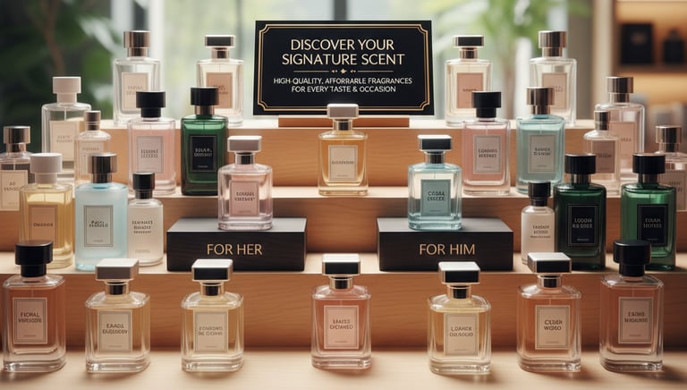 "Assorted luxury frangrances bottles arranged on display stand , available for customized gifthamper