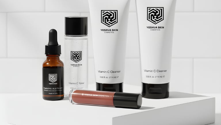 a white counter top with YESHUA Skin Cosmetics
