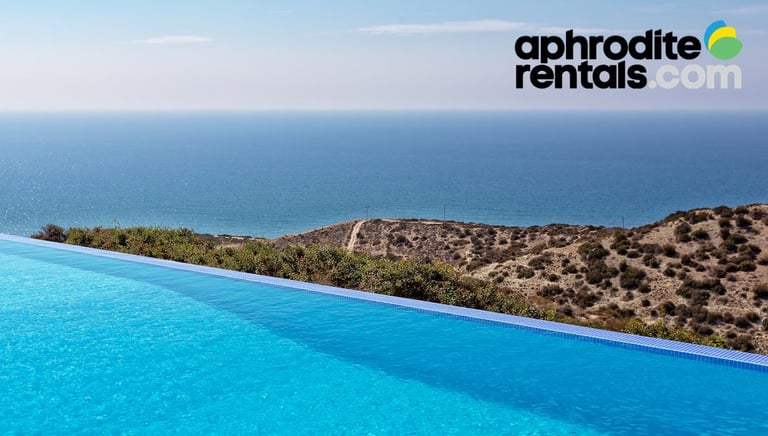 Aphoriterentals.com logo with pool and sea view