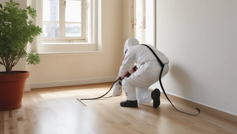 Professional pest control team working in a busy Delhi office space.