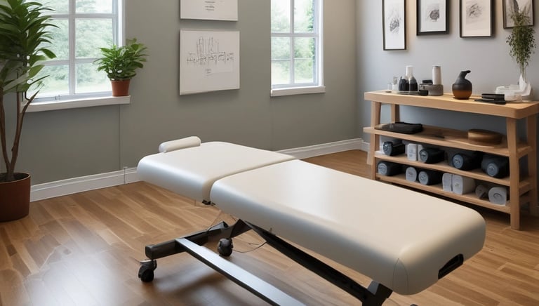 A calm therapy room with soft lighting and massage table ready for a session.