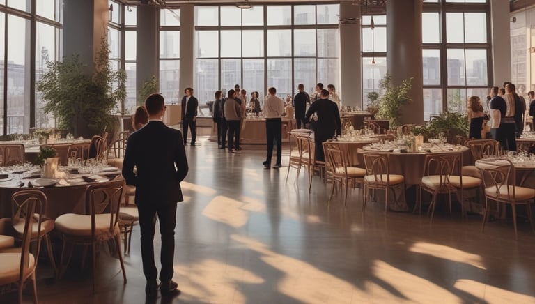 An outdoor event setup with rows of white and black chairs arranged in front of a stage. A large sign on the stage reads 'Festival of creative industries' with a date '09.09'. The venue is surrounded by modern architecture with large windows and a brick building visible in the background. Plants and trees add a natural touch to the urban setting.