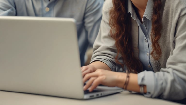 A friendly advisor speaking with a student over a laptop screen.