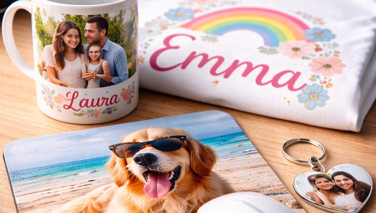 Custom personalized gifts including a photo mug, printed t-shirt, dog mousepad, and heart keychain.