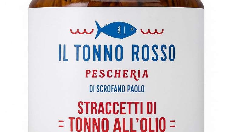 Barattolo di straccetti di tonno rosso all'olio del marchio Il Tonno Rosso Pescheria di Scrofano Paolo