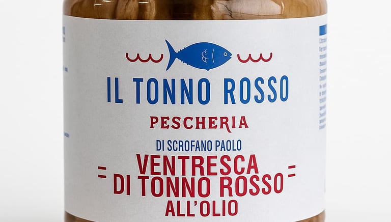 Barattolo di ventresca di tonno rosso all'olio del marchio Il Tonno Rosso Pescheria di Scrofano Paolo