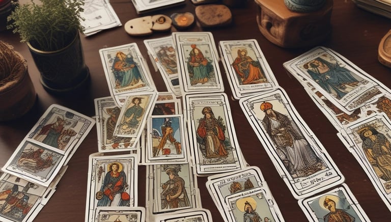 Three tarot cards are laid out on a wooden surface. The left card features a nude figure pouring water, surrounded by stars, and is labeled 'LA STELLA.' The center card depicts a heart pierced by three swords, symbolizing heartbreak or sorrow, and is labeled with the Roman numeral III. The right card shows a landscape with a large sun or moon, two animals, and two towers in the background. It is labeled 'LA LUNA' with the Roman numeral XVIII. A partially burned scroll is placed on top of the leftmost card, and there are scattered dried flowers on the table.