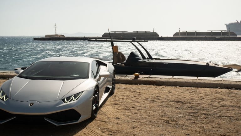 Lambo and boat mykonos port