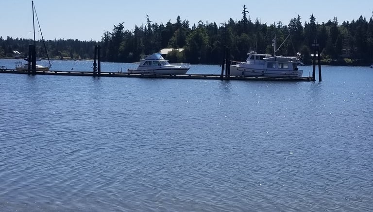 Boats tied to a dock in calm coastal water under clear skies
