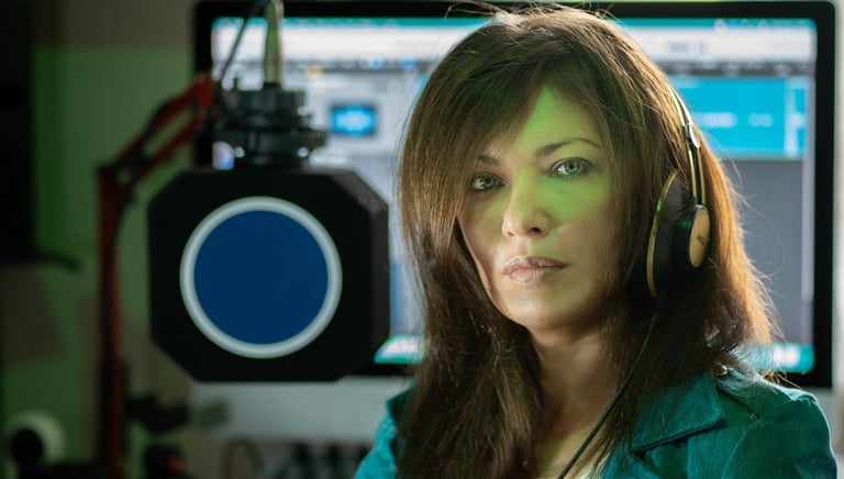 a woman in a green jacket and headphones
